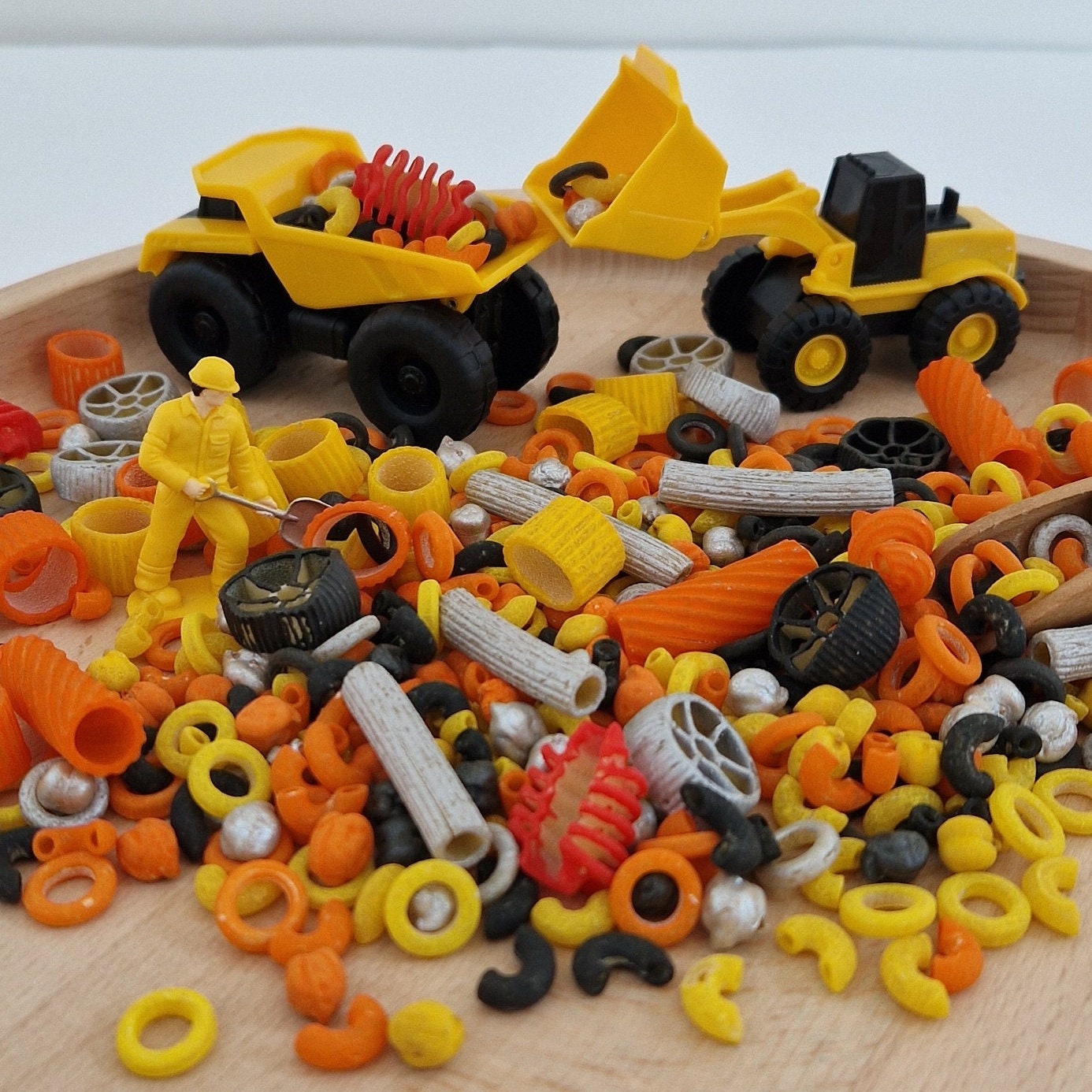 Pasta Hoops, Chickpeas, Chunky Pasta Pieces to create a construction themed play