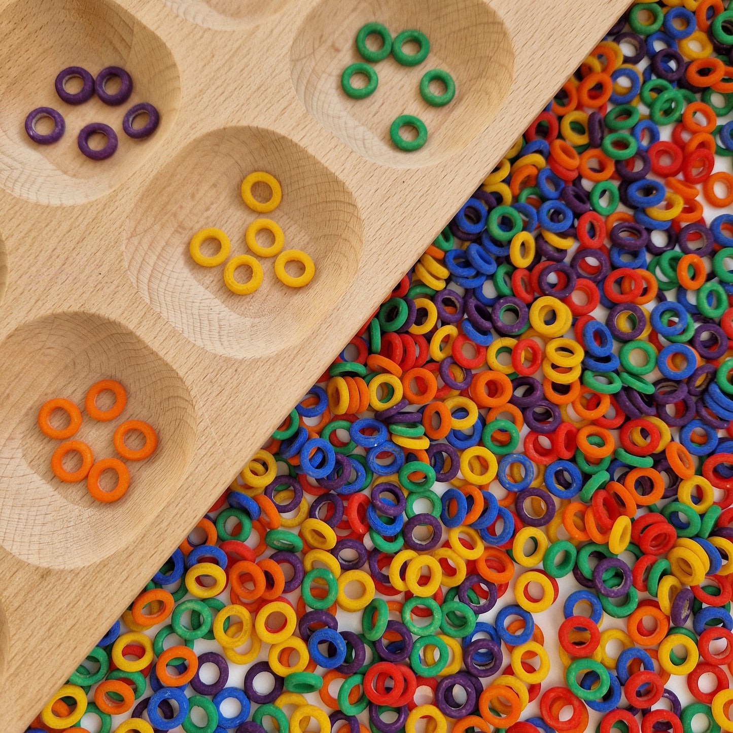 Those hoops are perfect for Color sorting which help children develop cognitive skills, including visual perception, memory, and problem solving. They also help children learn to recognize patterns, similarities, and differences