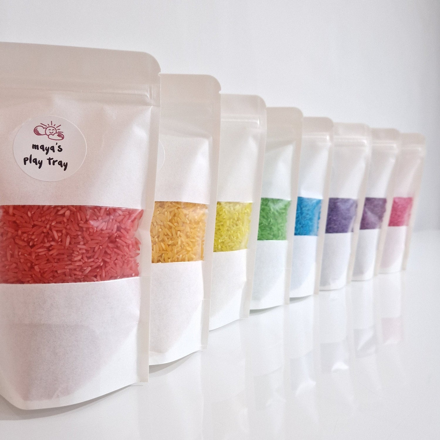 Rainbow coloured sensory play rice base Red Orange Yellow Lime Green Green Blue Navy Purple Violet Pink